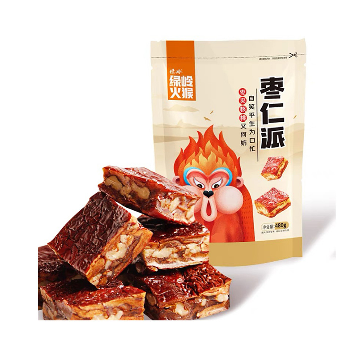 （健康快车）绿岭火猴480克枣仁派*3袋 枣仁派即食独立包装零食软糯香甜红枣夹核桃