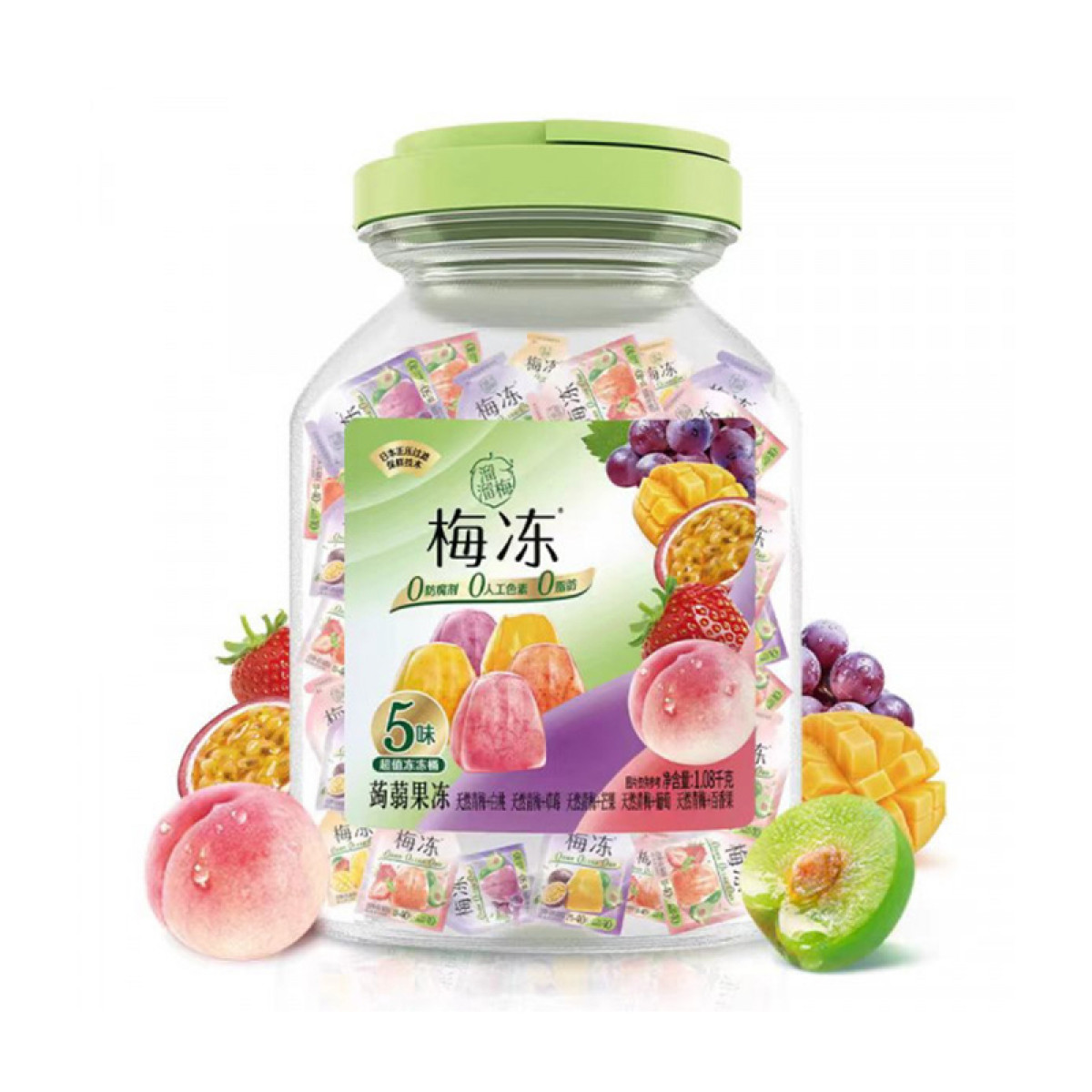 （中百）溜溜梅5味水果冻冻桶1080g，一大桶零食6种口味儿童蒟蒻果冻