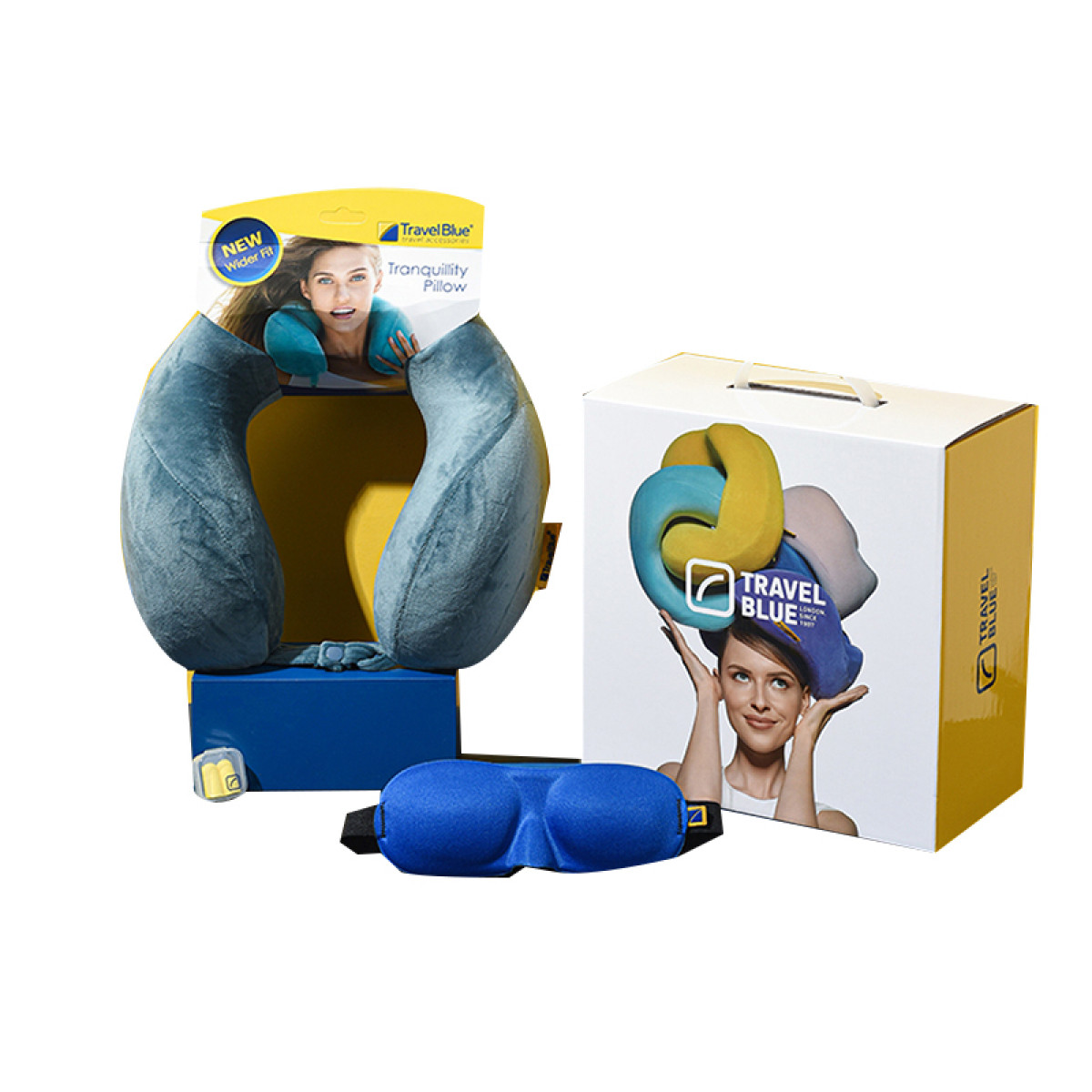 （超运·禾贸）英国蓝旅Travel Blue旅行三件套装颈枕眼罩耳塞6212蓝色   线下同款记忆棉u型枕礼盒套装旅行居家午休睡眠三件套送人