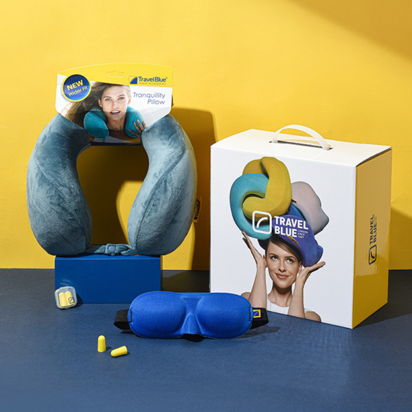 （超运·禾贸）英国蓝旅Travel Blue旅行三件套装颈枕眼罩耳塞6212蓝色   线下同款记忆棉u型枕礼盒套装旅行居家午休睡眠三件套送人